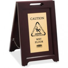 Rubbermaid Commercial Brass Plaque Wooden Caution Sign - 1 Each - Caution, Attention, Cuidado, Wet Floor Print/Message - 15