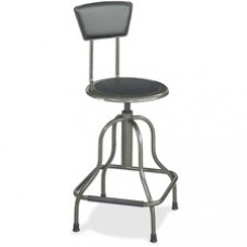 Safco Diesel High Base Stool With Back - Leather Black Seat - Leather Back - Steel Pewter Frame - Pewter - Leather