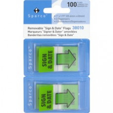 Sparco  "Sign & Date" Preprinted Flags in Dispenser - 100 - 1" x 1.75" - Rectangle - "Sign & Date" - Green - Removable, Self-adhesive - 100 / Pack