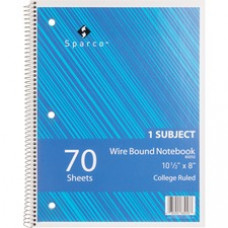 Sparco Wirebound College Ruled Notebooks - 70 Sheets - Wire Bound - College Ruled - Unruled - 16 lb Basis Weight - 8" x 10 1/2" - Assorted Paper - Assorted Cover - Chipboard Cover - Resist 