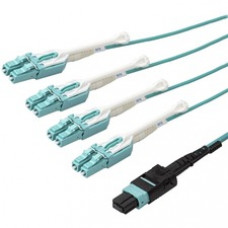 StarTech.com 10m 30 ft MPO / MTP to LC Breakout Cable - Plenum Rated Fiber Optic Cable - OM3 Multimode, 40Gb - Push/Pull-Tab - Aqua Fiber Patch Cable - Fan out 8 fibers from a 40Gbps MPO connection to four 10Gbps LC connections - 10m MTP to LC Breakout Ca