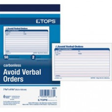 TOPS Avoid Verbal Orders Book - 50 Sheet(s) - 2 Part - Carbonless Copy - 4.25