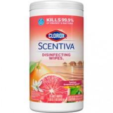 Clorox Scentiva Wipes, Bleach Free Cleaning Wipes - Ready-To-Use Wipe - Tahitian Grapefruit Splash Scent - 75 / Tub - 1 Each - White