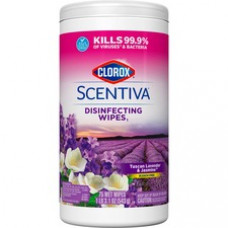 Clorox Scentiva Bleach-Free Disinfecting Wipes - Ready-To-Use Wipe - Tuscan Lavender & Jasmine Scent - 70 / Tub - 1 Each - White