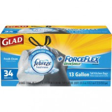 Glad ForceFlexPlus Tall Kitchen Drawstring Trash Bags - Fresh Clean with Febreze Freshness - 13 gal Capacity - 0.82 mil (21 Micron) Thickness - Gray - 240/Bundle - 34 Per Box - Kitchen, Office