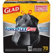 Glad Large Drawstring Trash Bags - ForceFlexPlus - 30 gal Capacity - 1.05 mil (27 Micron) Thickness - Black - 4900/Bundle - 70 Per Box - Kitchen, Outdoor, Commercial, Office
