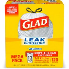 Glad ForceFlex Tall Kitchen Drawstring Trash Bags - 13 gal Capacity - 9 mil (229 Micron) Thickness - White - Plastic - 120/Box - Home, Day Care, Breakroom, Garbage, Kitchen