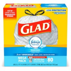 Glad ForceFlex Tall Kitchen Drawstring Trash Bags - Fresh Clean with Febreze Freshness - 13 gal Capacity - 0.78 mil (20 Micron) Thickness - White - 120/Bundle - 80 Per Box - Kitchen, Home, Office, Garbage, Breakroom, Cafeteria, School, Restaurant, Commerc
