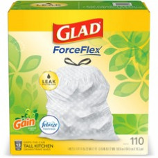 Glad ForceFlex Tall Kitchen Drawstring Trash Bags - Gain Original with Febreze Freshness - 13 gal Capacity - 25.38 ft Width x 33.75 ft Length - 0.72 mil (18 Micron) Thickness - White - 110/Box - Home, Office, Kitchen, Breakroom