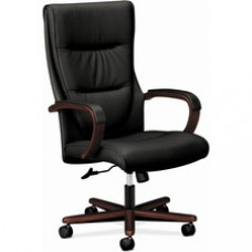 HON Topflight Chair - Black Bonded Leather Seat - Black Bonded Leather Back - Mahogany Frame - High Back - Black - Armrest