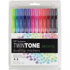 Tombow TwinTone Brights Dual-tip Marker Set - Extra Fine Marker Point - 0.8 mm, 0.3 mm Marker Point Size - Bullet Marker Point StyleWater Based Ink - 12 / Pack