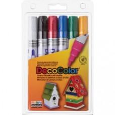 Marvy DecoColor Glossy Oil Base Paint Markers - Broad Marker Point - White, Black, Red, Blue, Green, Yellow Oil Based, Pigment-based Ink - 6 / Set