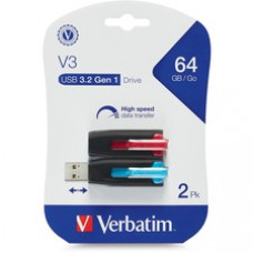 Verbatim Store 'n' Go V3 USB 3.0 Flash Drive - 64 GB - USB 3.0 - Blue, Red - Lifetime Warranty - 2 Pack