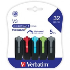 Verbatim Store 'n' Go V3 USB Drive - 32 GB - USB 3.2 (Gen 1) Type A - Assorted - Lifetime Warranty - 5 Pack