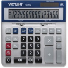 Victor 16-Digit Desktop Calculator - Extra Large Display, Angled Display, 3-Key Memory, Automatic Power Down, Dual Power, Battery Backup, Independent Memory - 16 Digits - LCD - Battery/Solar Powered - Silver, Blue - Desktop - 1 Each