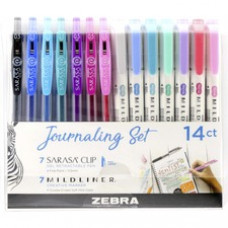 Zebra Pen Journaling Set Mildliner & Sarasa Clip Gel Pen and Highlighter Set - 1 mm Pen Point Size - Bullet, Chisel Marker Point Style - Multi Gel-based Ink - 14 / Pack