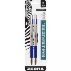 Zebra Pen BCA F-301 Stainless Steel Ballpoint Pens - Fine Pen Point - Refillable - Blue - Stainless Steel Barrel - 2 / Pack