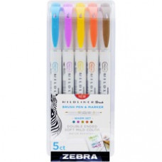 Zebra Pen Mildliner Brush Double-ended Creative Marker Warm Color Pack - Fine Marker Point - Brush Marker Point Style - Gold Pigment-based, Magenta, Brown, Vermillion, Smoke Blue Ink - 5 / Pack