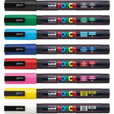 uni® Posca PC-3M Paint Markers - Fine Marker Point - Green, Blue, Light Blue, Yellow, Red, Pink, White, Black Water Based, Pigment-based Ink - 8 / Pack